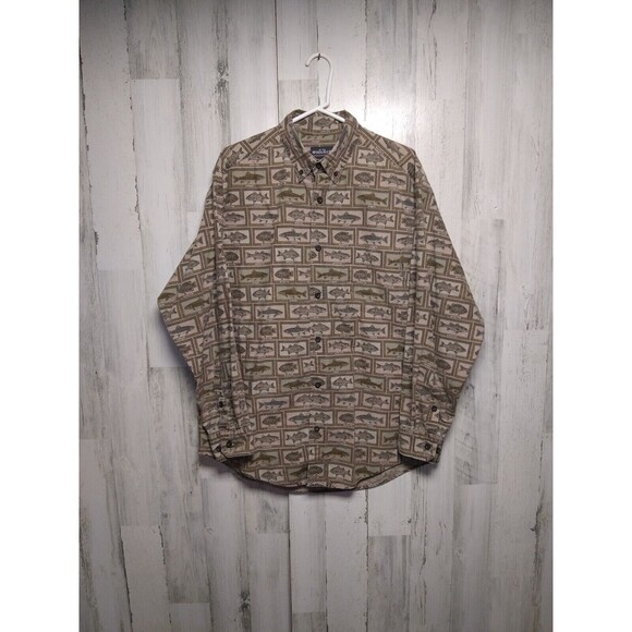Woolrich Khaki Fish Frames Button Down Long Sleeve 100% Cotton Shirt Large - Picture 1 of 9